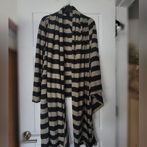 Asymmetrical Striped Black and Tan Cardigan Part Hood Unique Designer